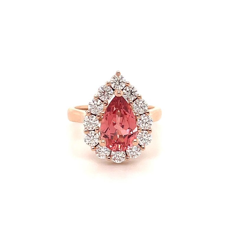 Pear Padparadscha sapphire ring with moissanite halo, 7 x 10 mm